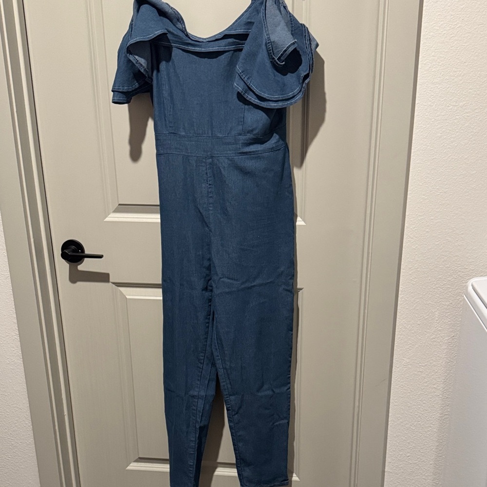 Denim and Ruffled Off-Shoulder Jumpsuit